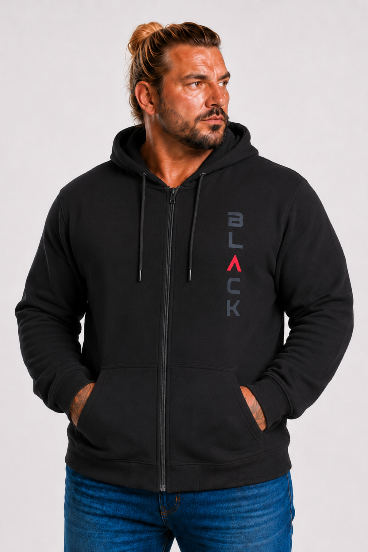 MocGrande Büyük Beden Kapüşonlu Fermuarlı 3ip Sweat Black 25716 SIYAH