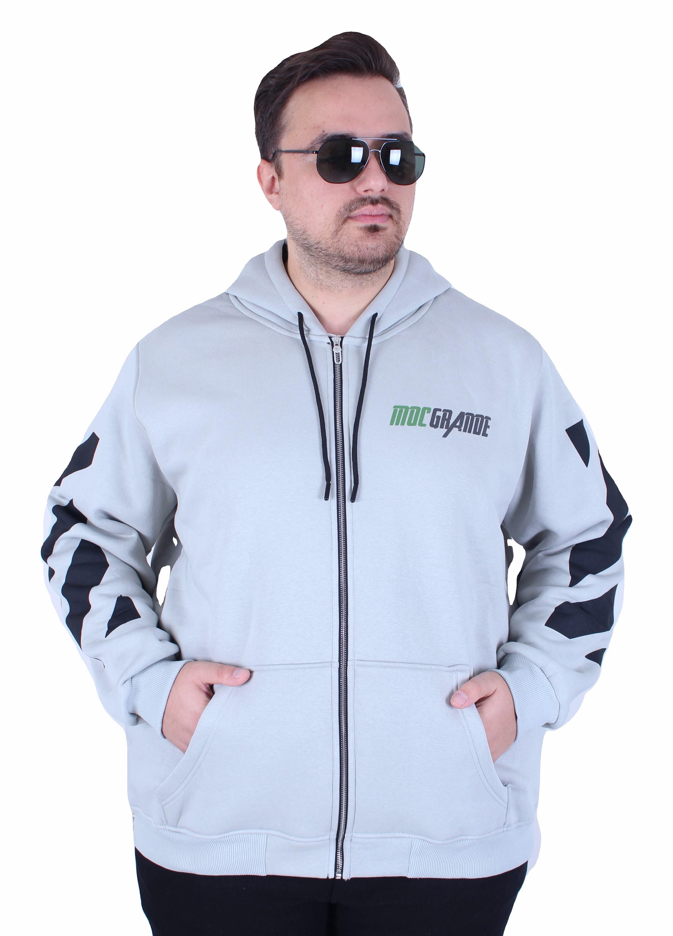 MocGrande Büyük Beden Kapüşonlu Fermuarlı 3ip Sweat MG 25718 GRI