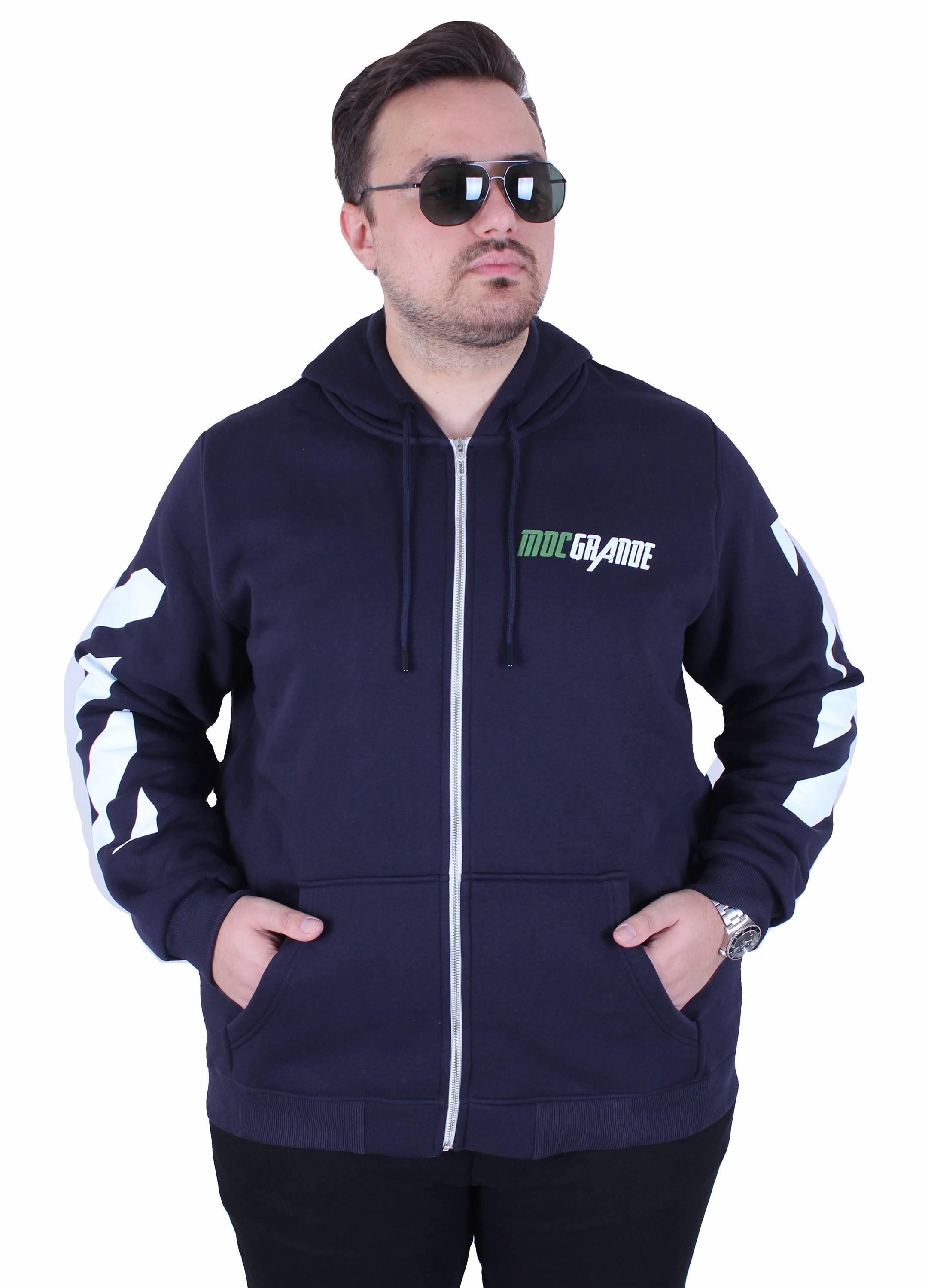 MocGrande Büyük Beden Kapüşonlu Fermuarlı 3ip Sweat MG 25718 LACIVERT