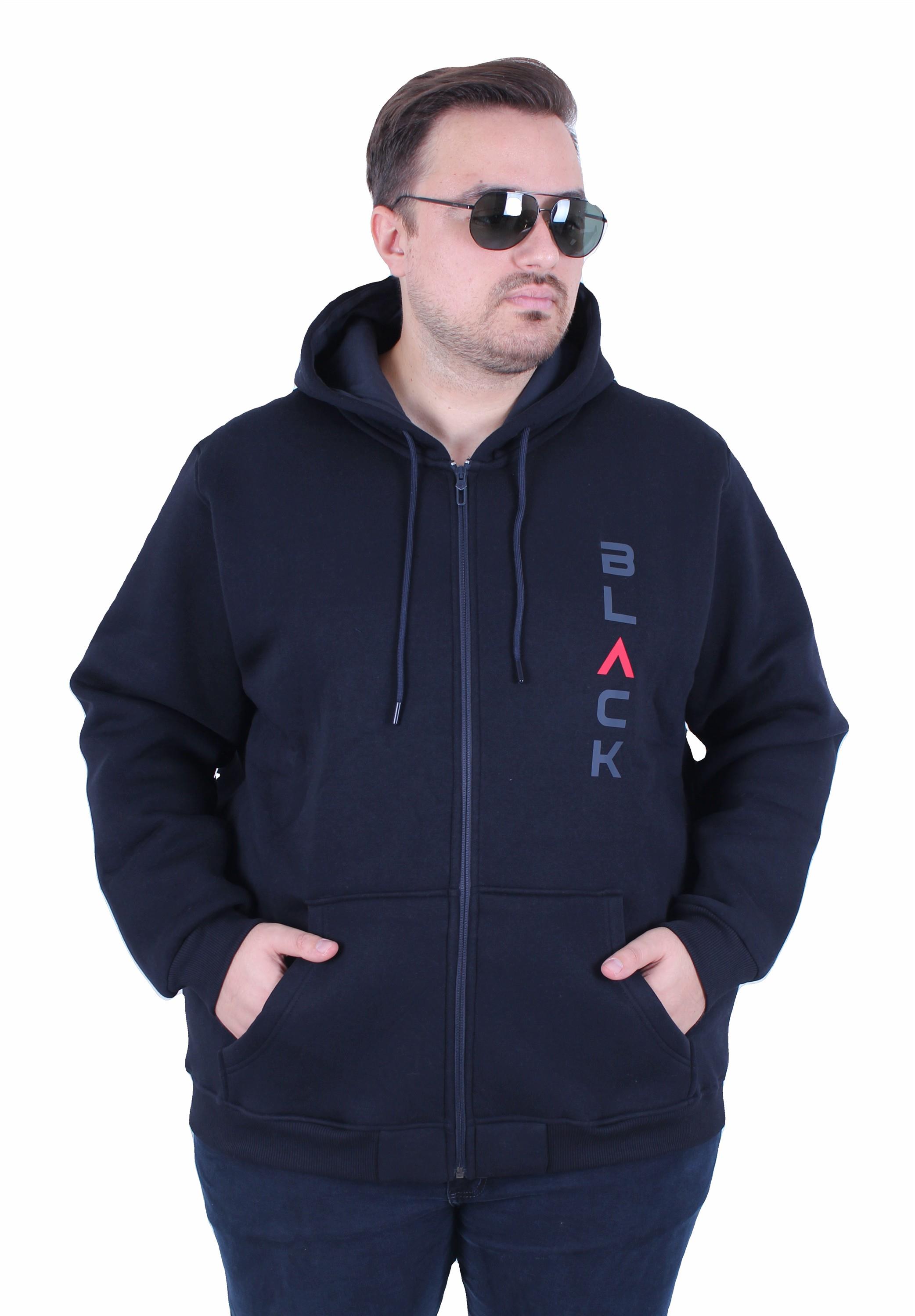 MocGrande Büyük Beden Kapüşonlu Fermuarlı 3ip Sweat Black 25716 LACIVERT