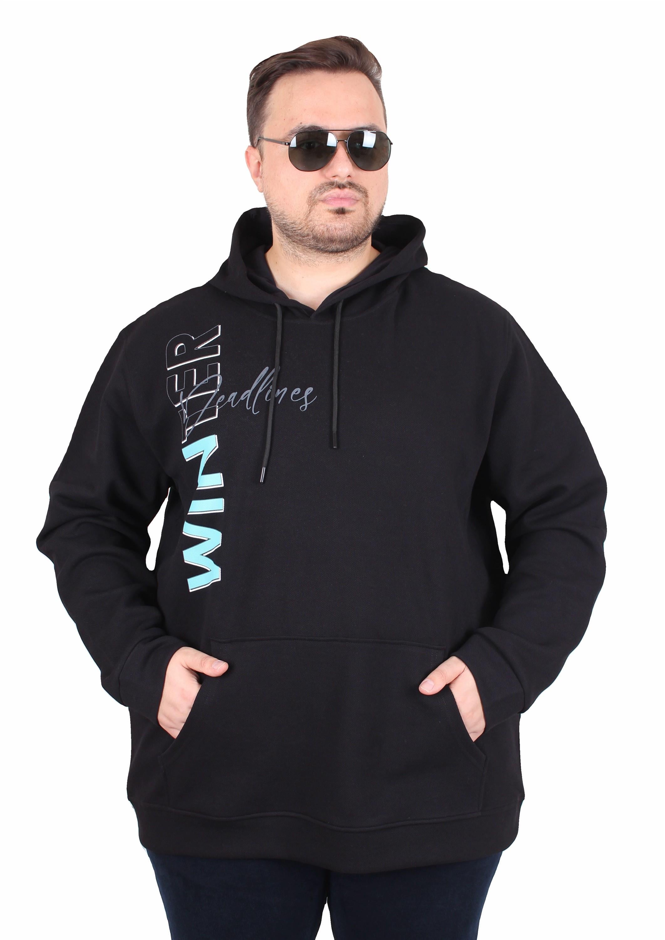 MocGrande Büyük Beden Kapüşonlu Sweat Double Face Winter 25700 SIYAH