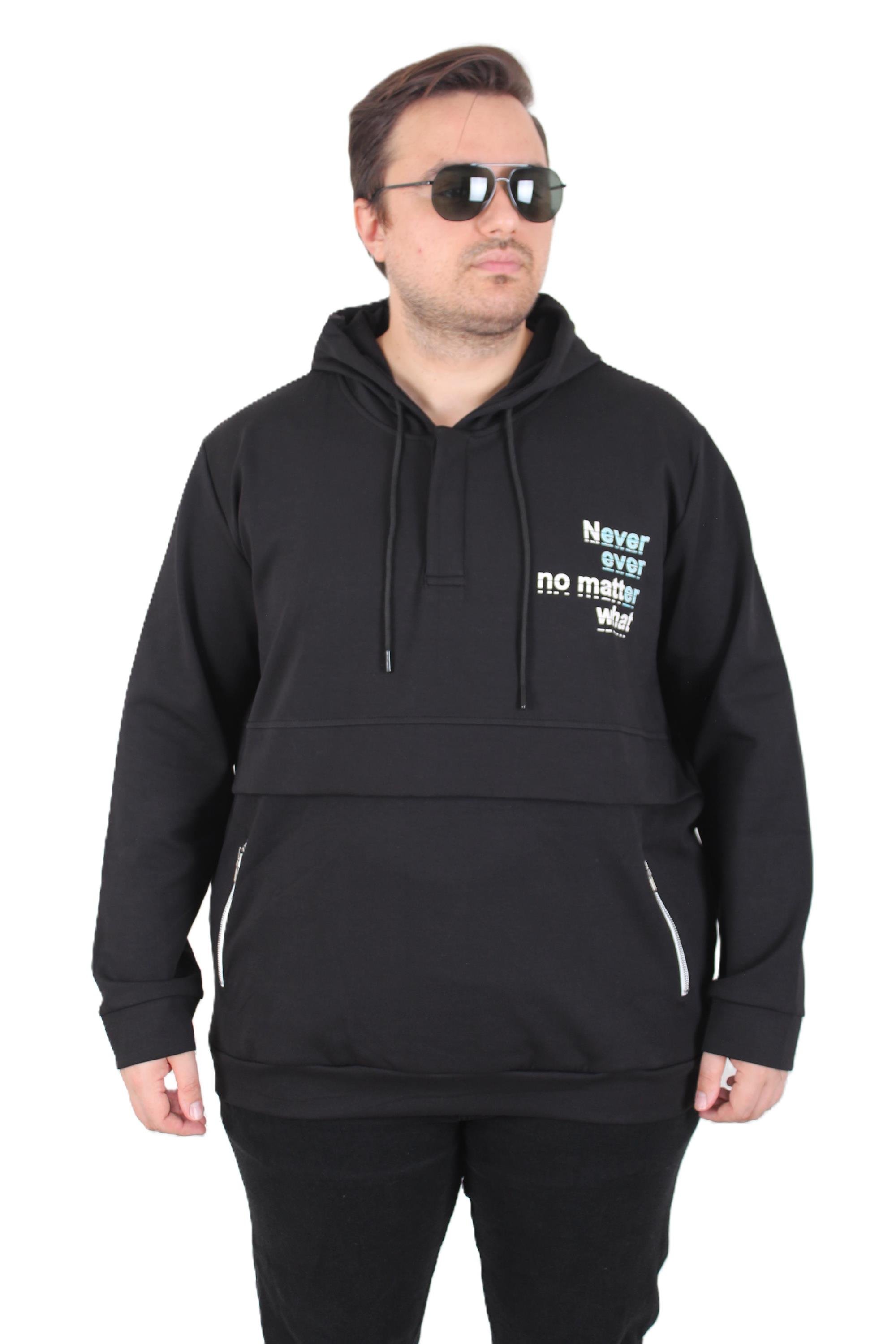 MocGrande Büyük Beden Kapüşonlu Sweat Double Face Never 25706 SIYAH