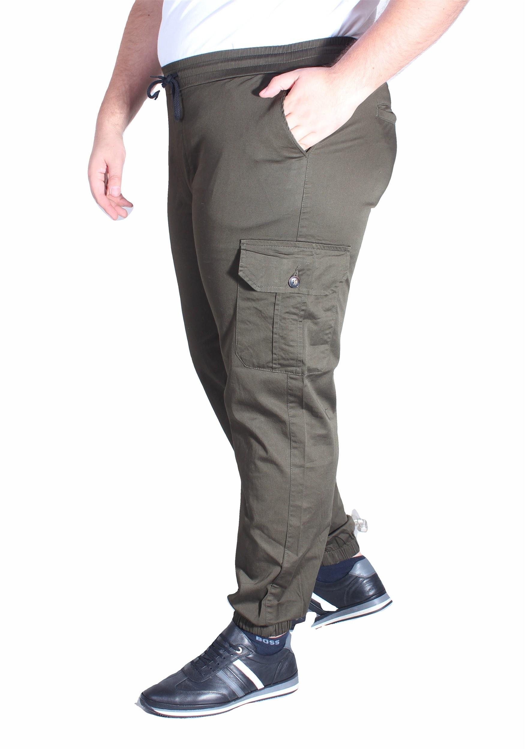 Mocgrande Büyük Beden Keten Komando Pantolon Likralı Yan Cep Paça Lastikli 11953 HAKI