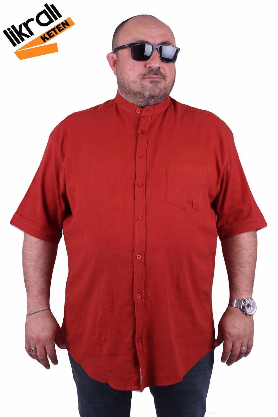 Mocgrande Büyük Beden Kısa Kol Erkek Likralı Keten Hakim Yaka Cepli Gömlek 11303 KIREMIT