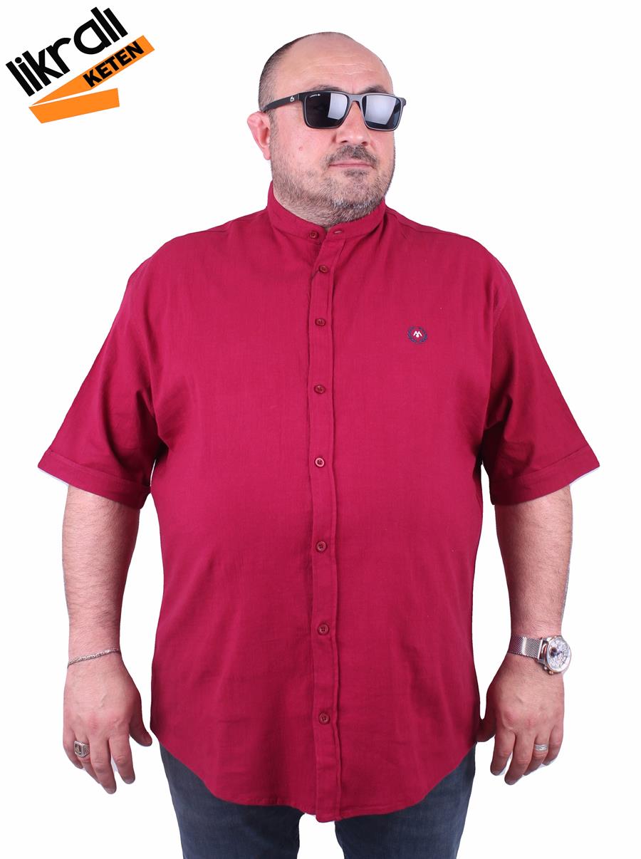 Mocgrande Büyük Beden Kısa Kol Erkek Likralı Keten Nakışlı Hakim Yaka Gömlek 11302 BORDO