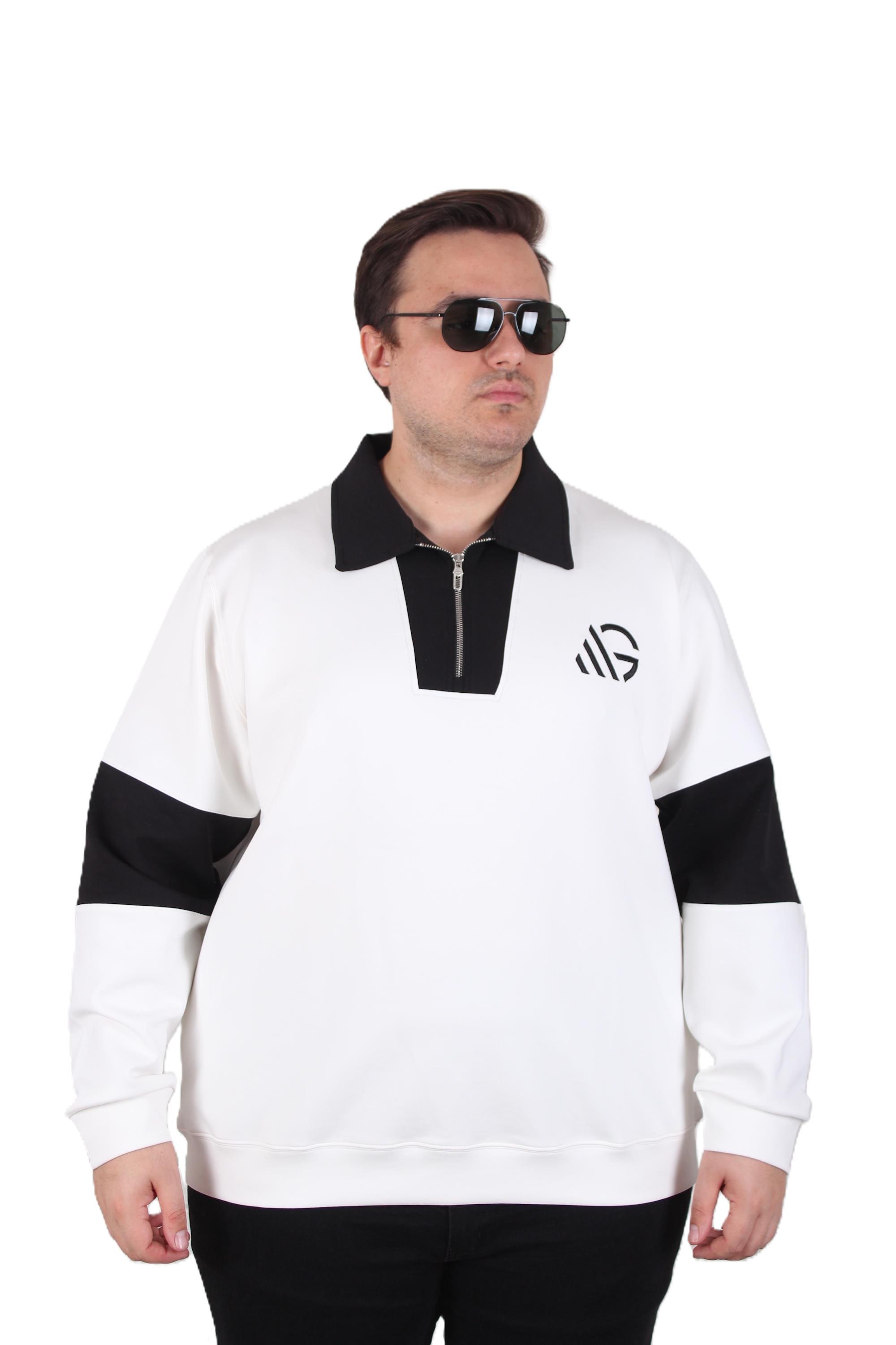 MocGrande Büyük Beden Polo Yaka Fermuarlı Sweat Double Face 25709 BEJ