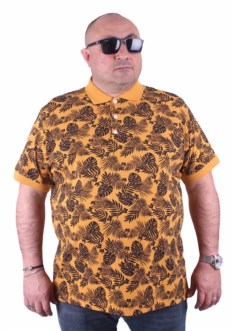 Mocgrande Büyük Beden Polo Yaka Tişört Hawai Desen 23412 HARDAL