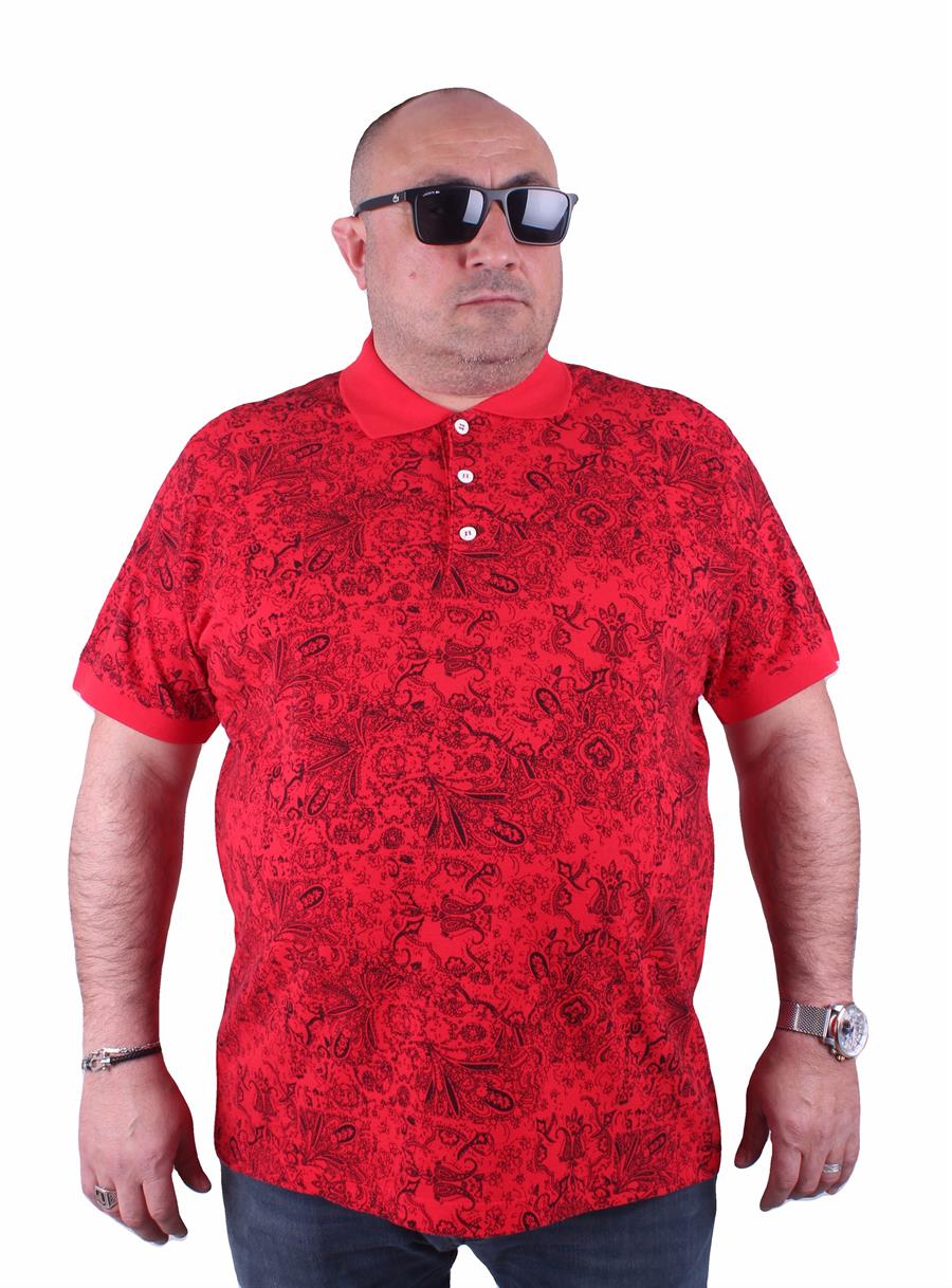 Mocgrande Büyük Beden Polo Yaka Tişört Şal Desen 23410 KIRMIZI