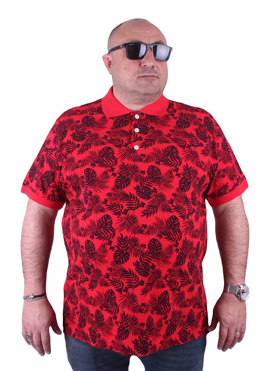 Mocgrande Büyük Beden Polo Yaka Tişört Hawai Desen 23412 KIRMIZI