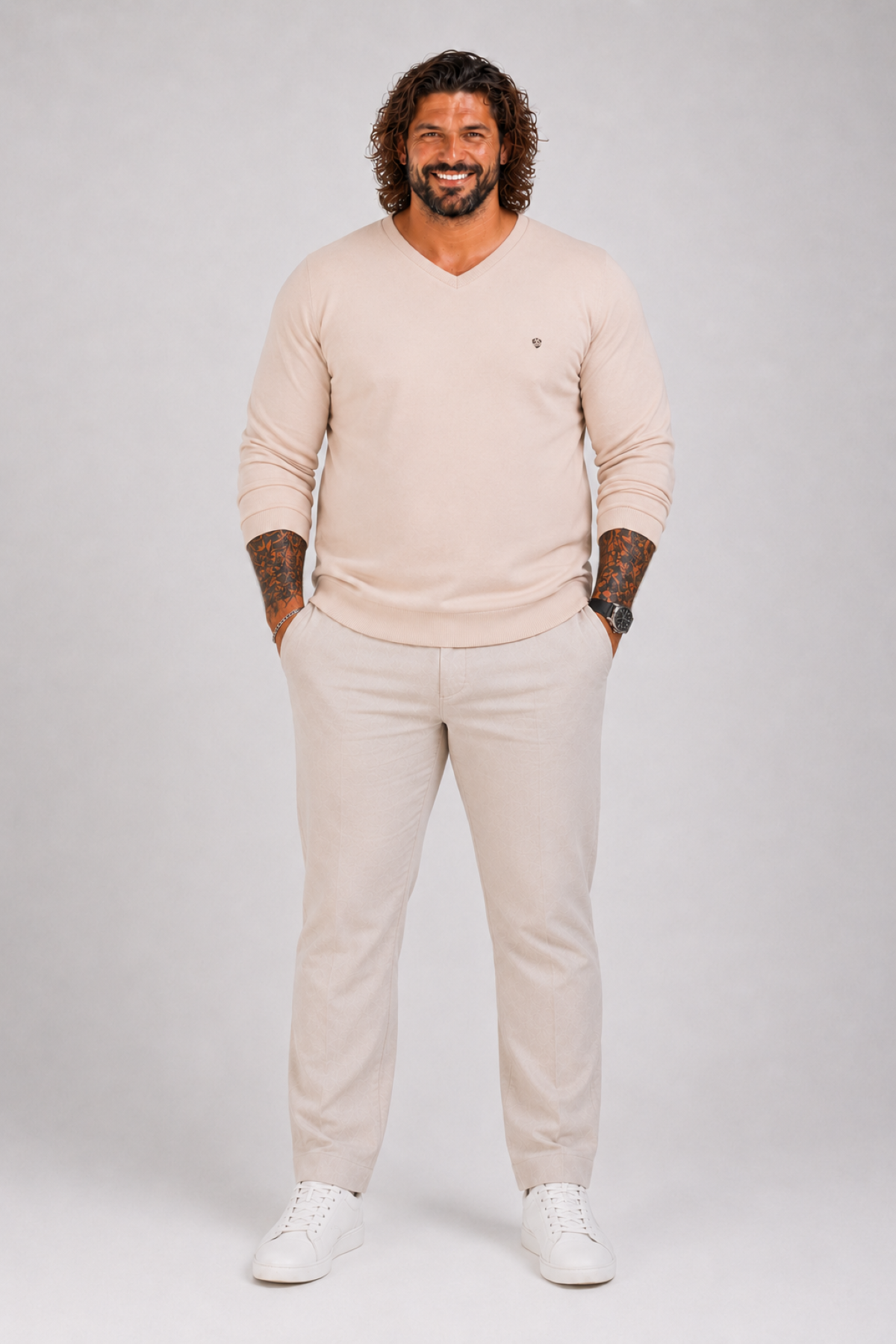 MocGrande Büyük Beden Selanik V Yaka Classic Sweat 23201 BEJ
