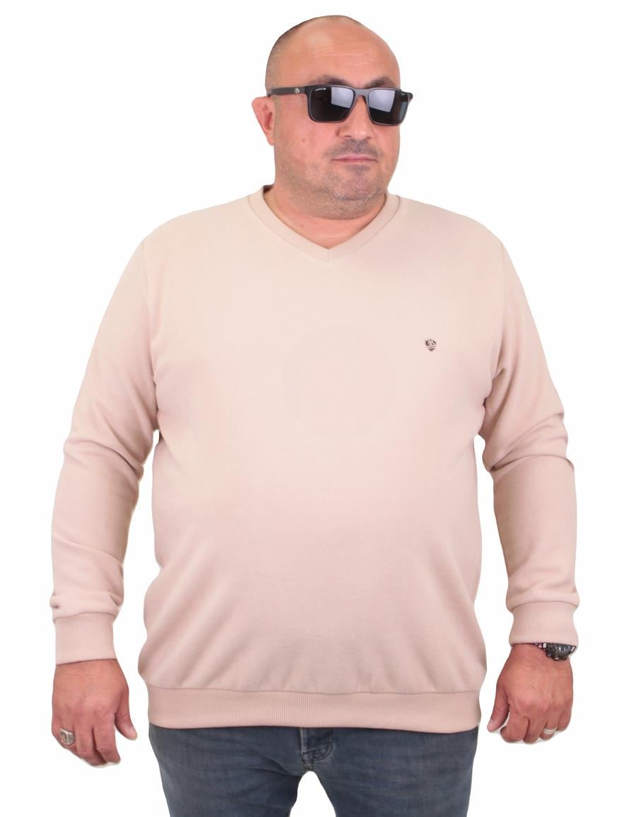 MocGrande Büyük Beden Selanik V Yaka Classic Sweat 23201 BEJ