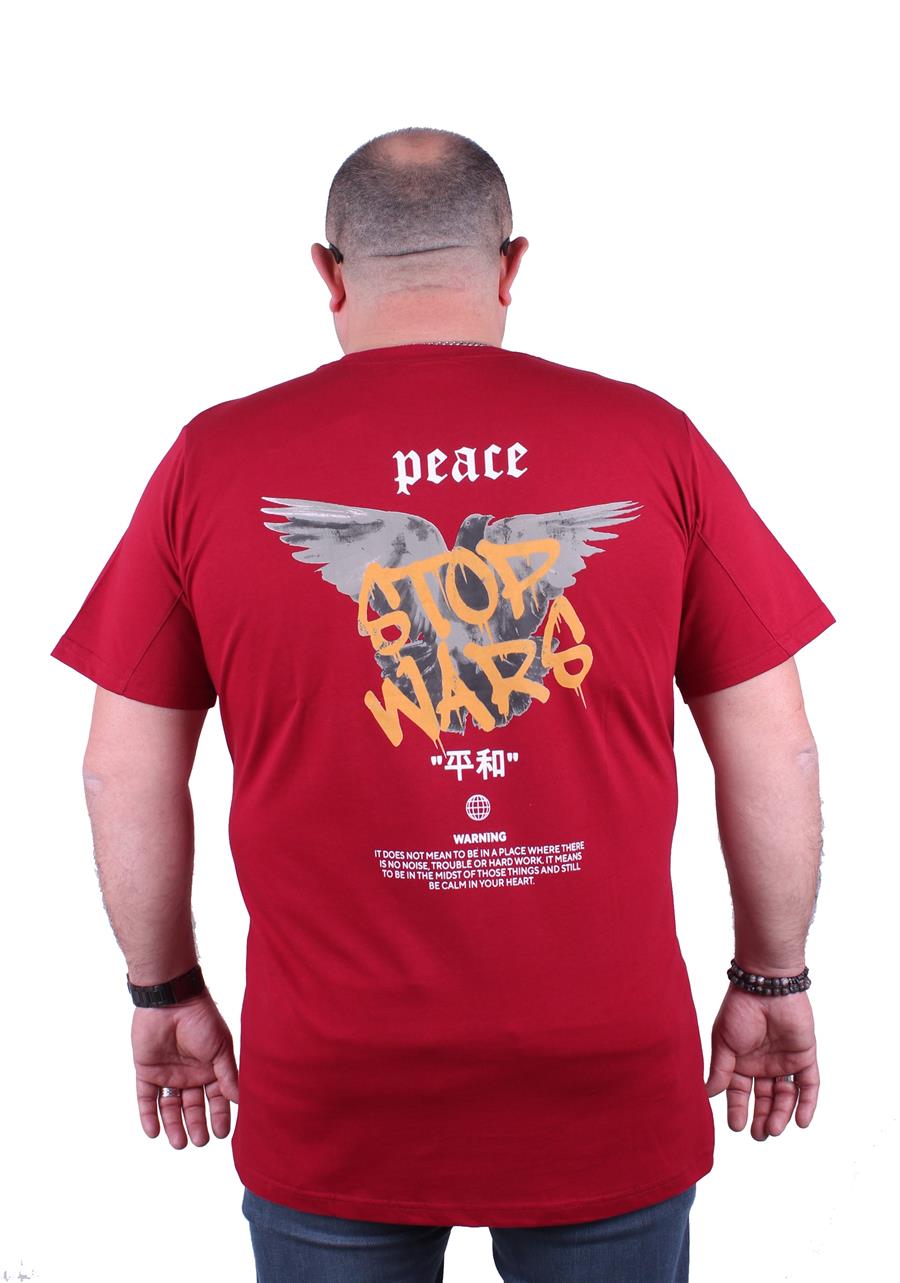 Mocgrande Büyük Beden Sıfır Yaka Tişört Peace 23100 BORDO