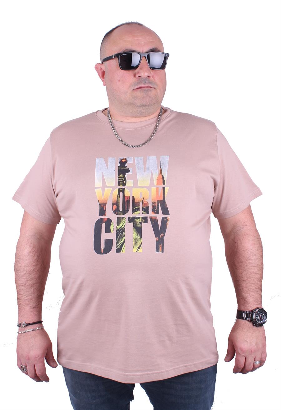 Mocgrande Büyük Beden Sıfır Yaka Tişört New York City 23125 BEJ