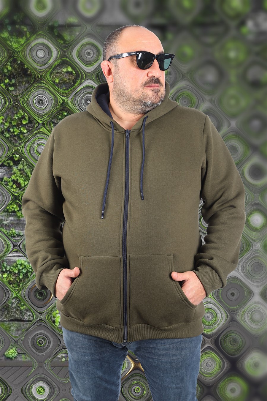 Mocgrande Büyük Beden Unisex Kapüşonlu 3ip Sweat 11701 HAKI