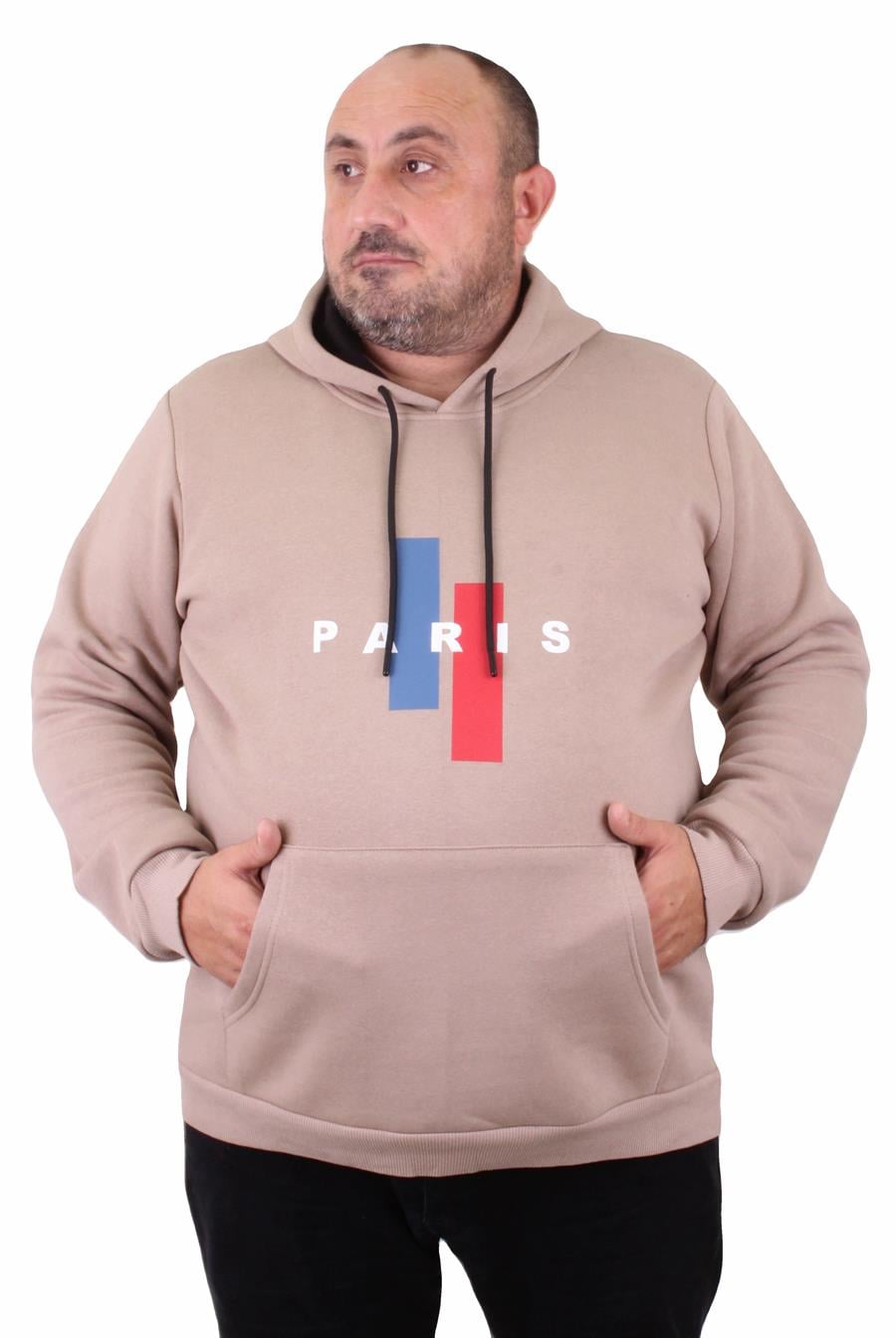 Mocgrande Erkek Büyük Beden Kapuşonlu Sweat Paris 23209 TOPRAK