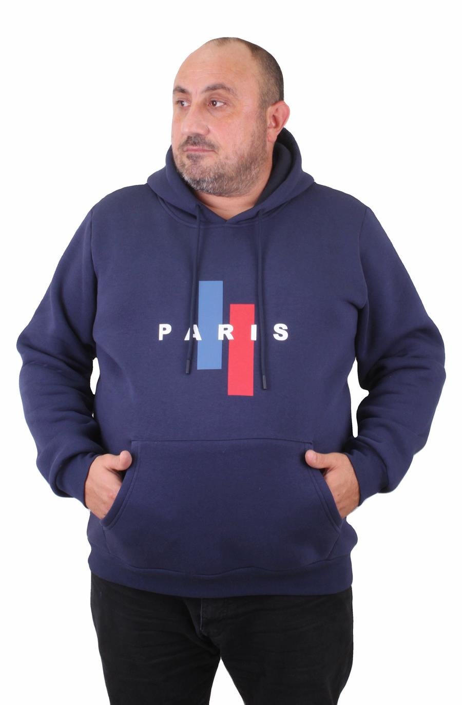 Mocgrande Erkek Büyük Beden Kapuşonlu Sweat Paris 23209 INDIGO