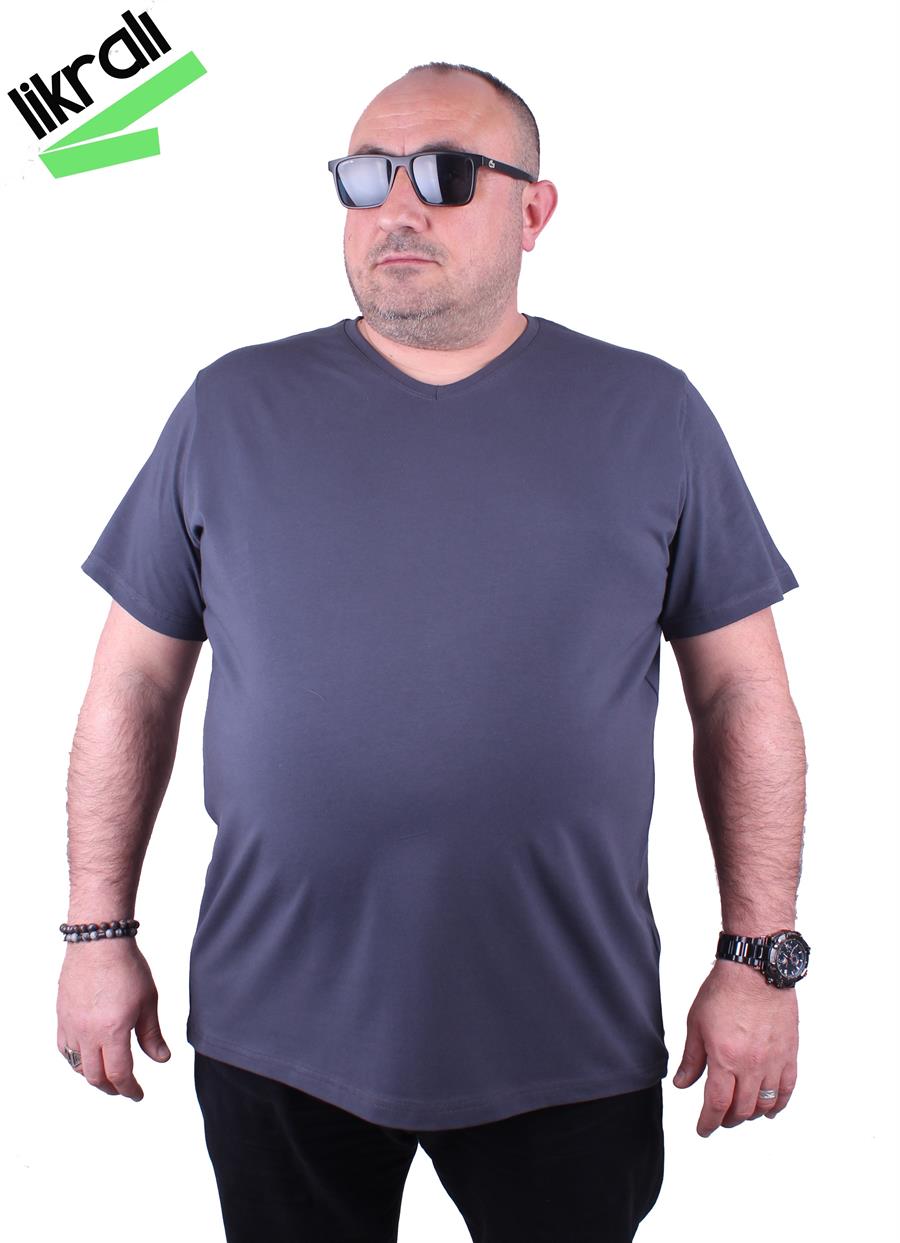 Mocgrande Erkek Büyük Beden Likralı Basic V Yaka Tişört 11170 FUME