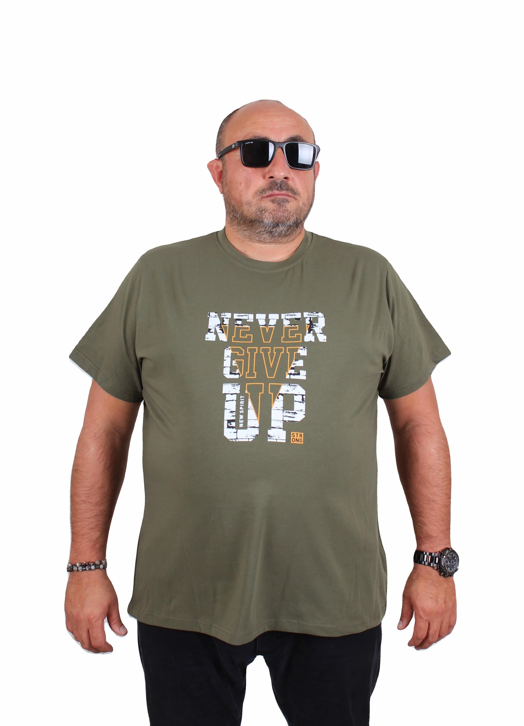 Mocgrande Erkek Büyük Beden Sıfır Yaka Tişört Never Give Up 25182 HAKI