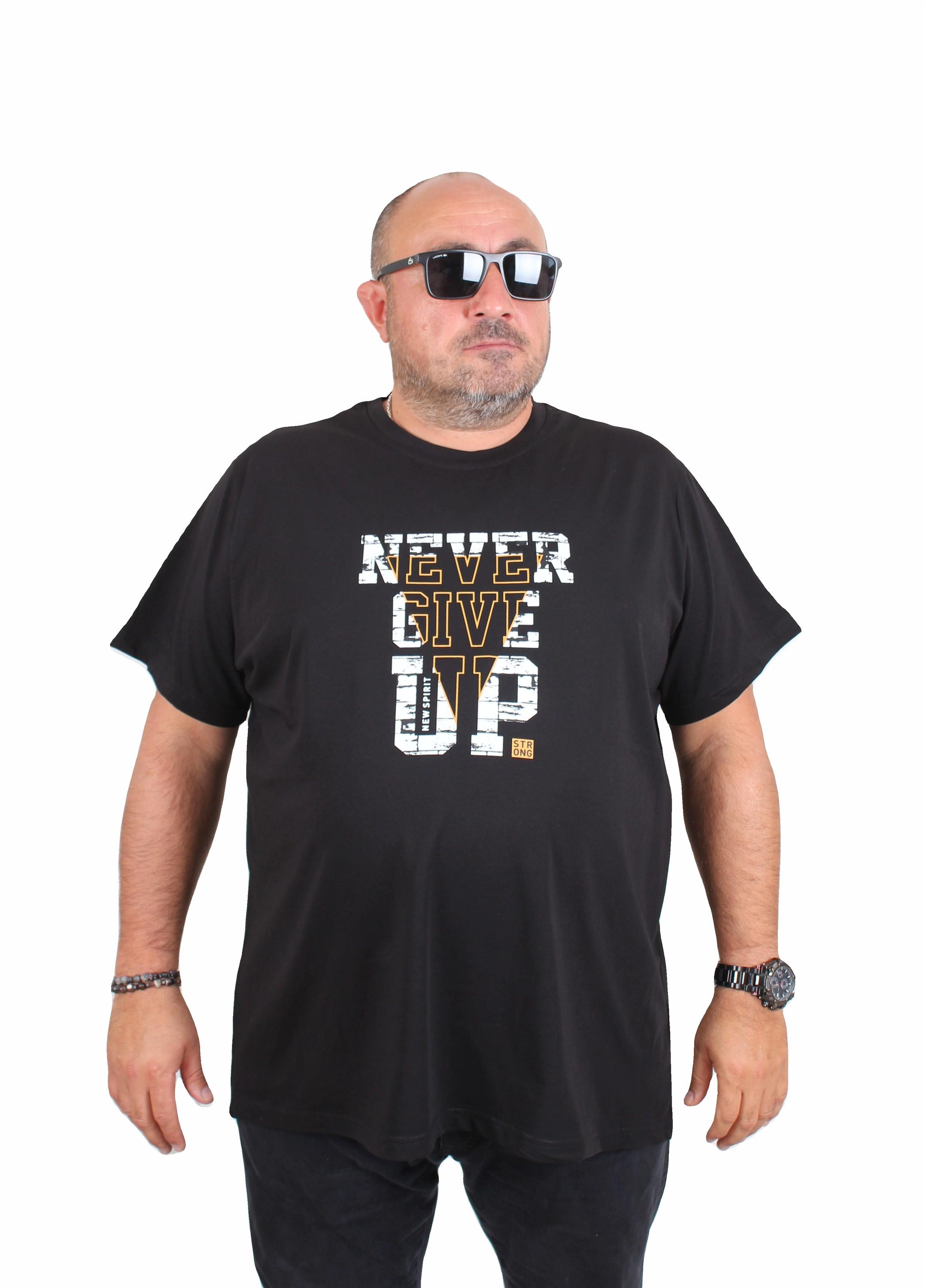 Mocgrande Erkek Büyük Beden Sıfır Yaka Tişört Never Give Up 25182 SIYAH