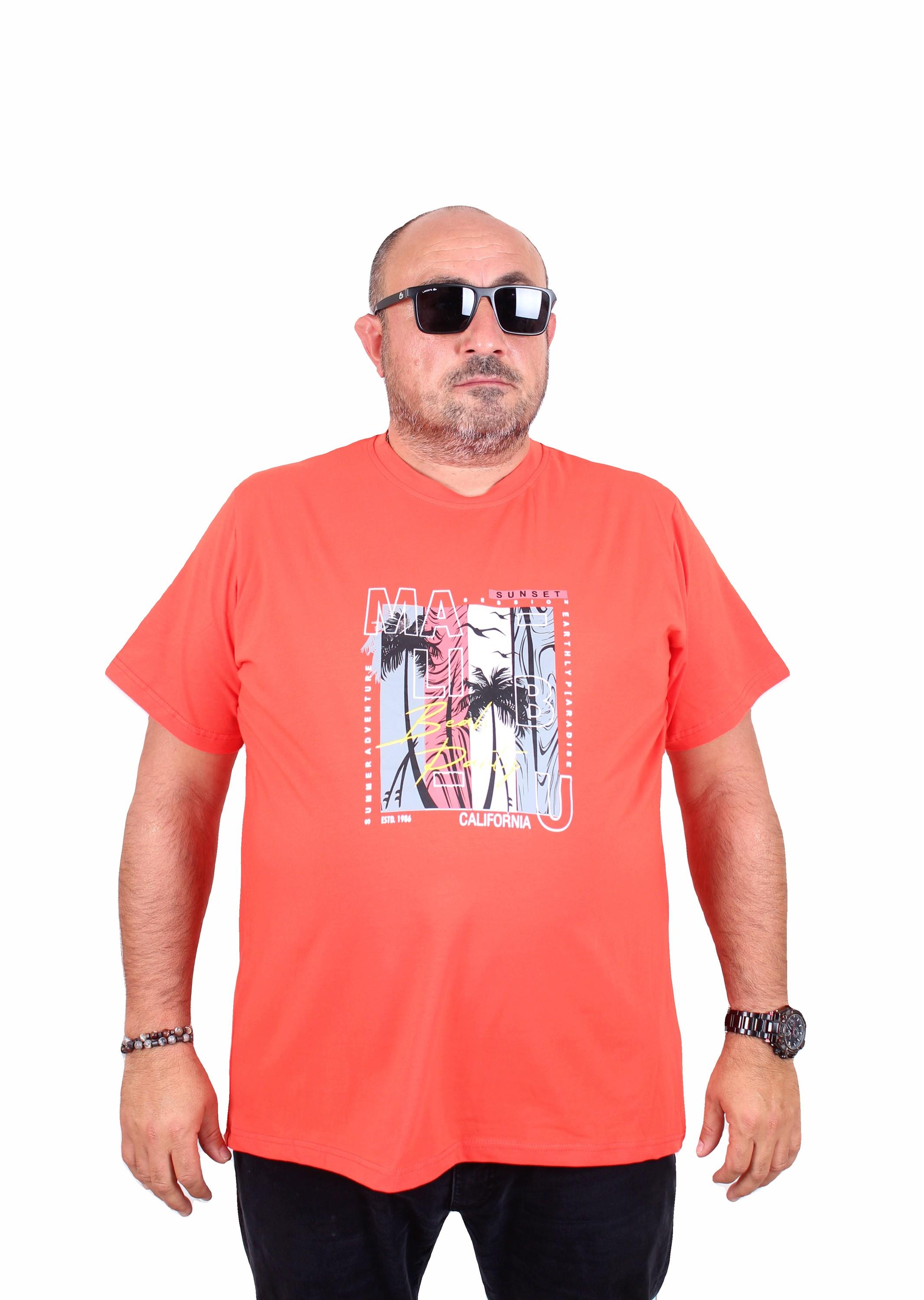 Mocgrande Erkek Büyük Beden Sıfır Yaka Tişört Beach Party 25191 Nar Çiçeği
