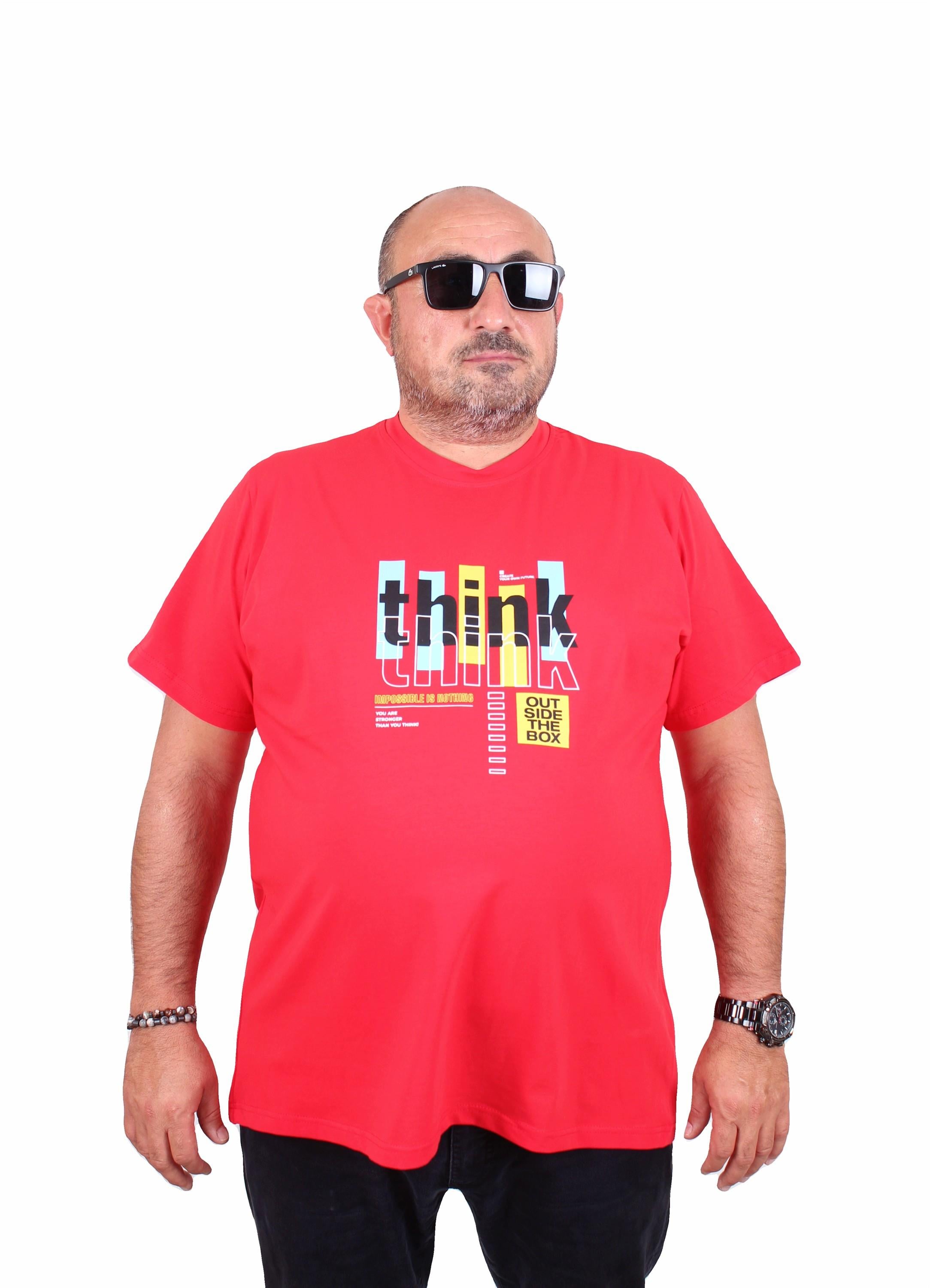 Mocgrande Erkek Büyük Beden Sıfır Yaka Tişört Think 25184 KIRMIZI