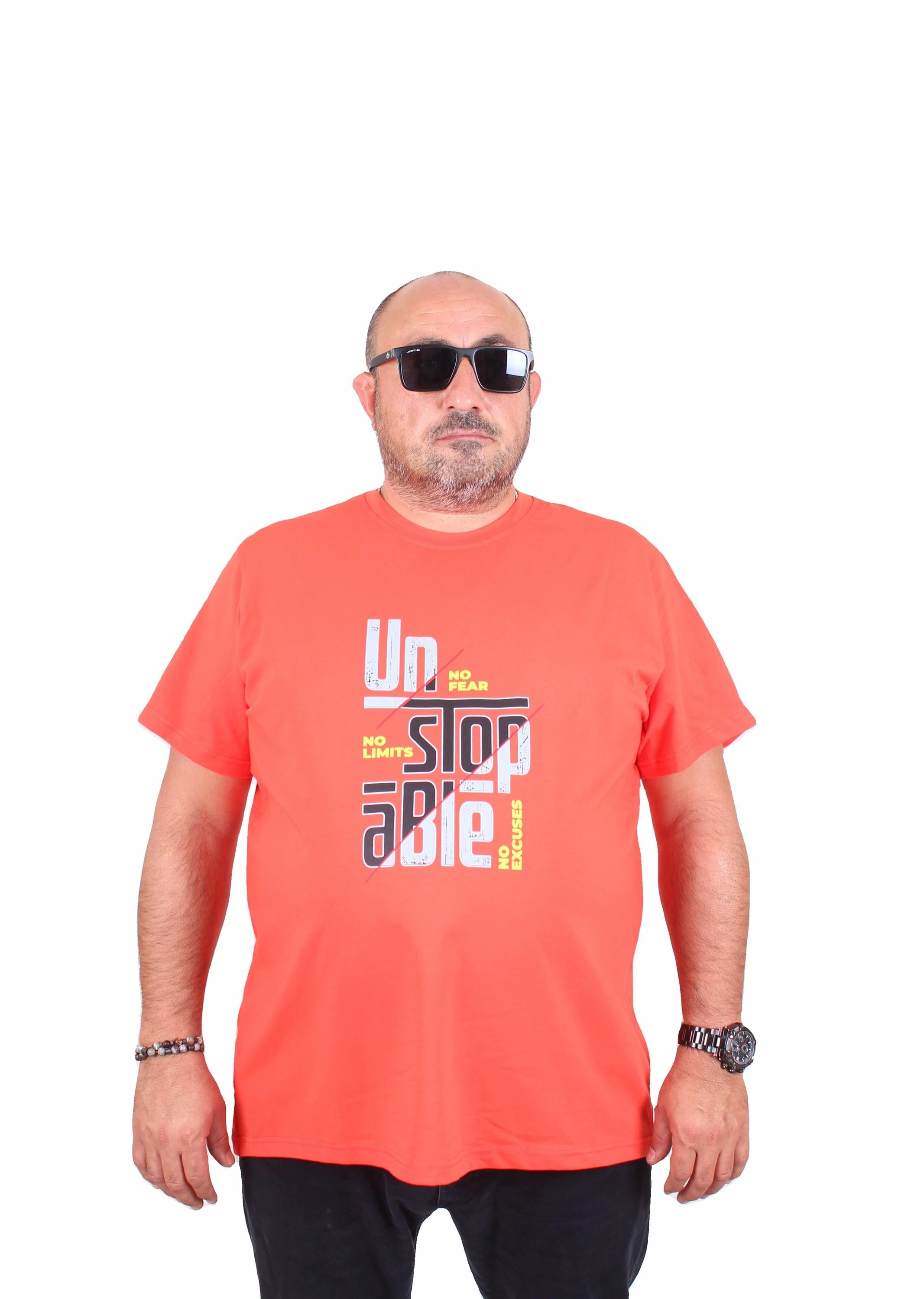 Mocgrande Erkek Büyük Beden Sıfır Yaka Tişört Un Stop Able 25181 Nar Çiçeği