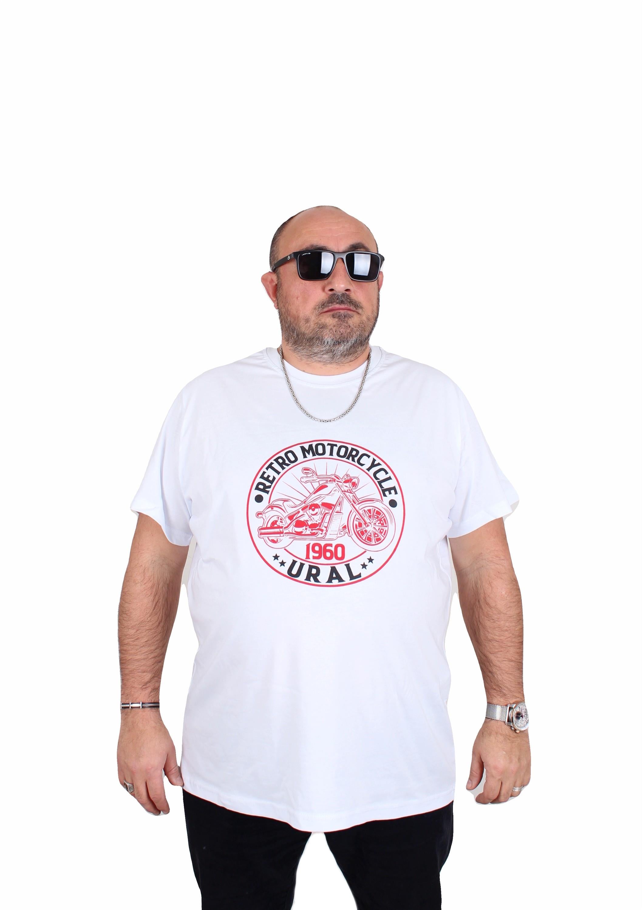 Mocgrande Erkek Büyük Beden Sıfır Yaka Tişört Motorcycle 25171 BEYAZ