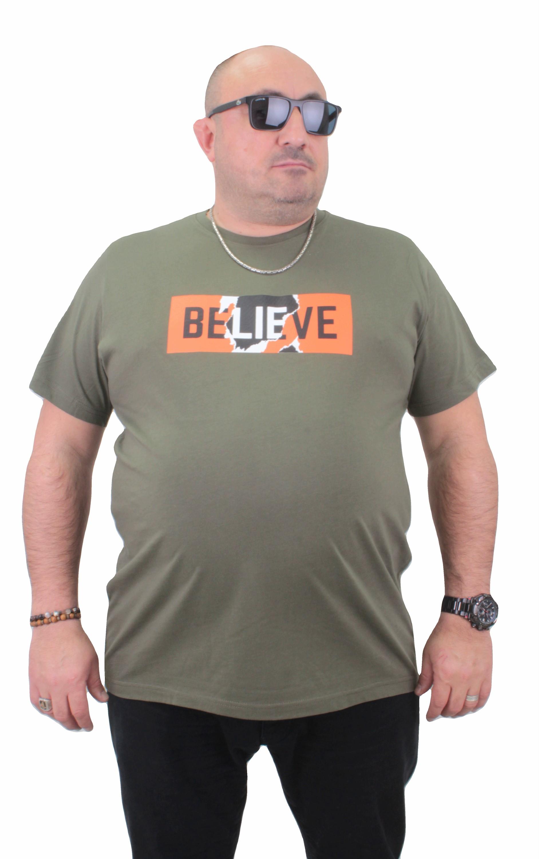 Mocgrande Erkek Büyük Beden Sıfır Yaka Tişört Believe 23180 HAKI