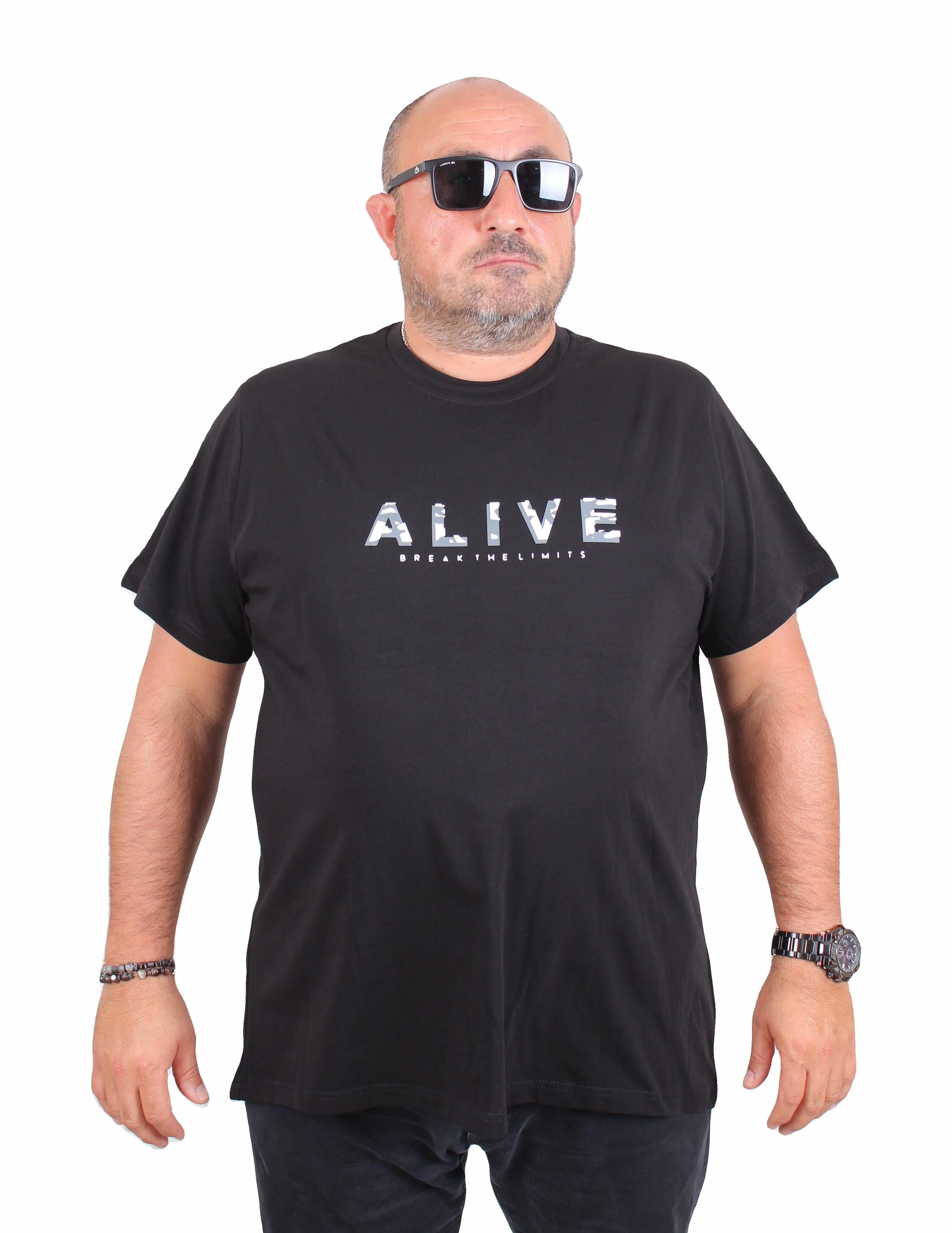 Mocgrande Erkek Büyük Beden Sıfır Yaka Tişört Alive 25187 SIYAH