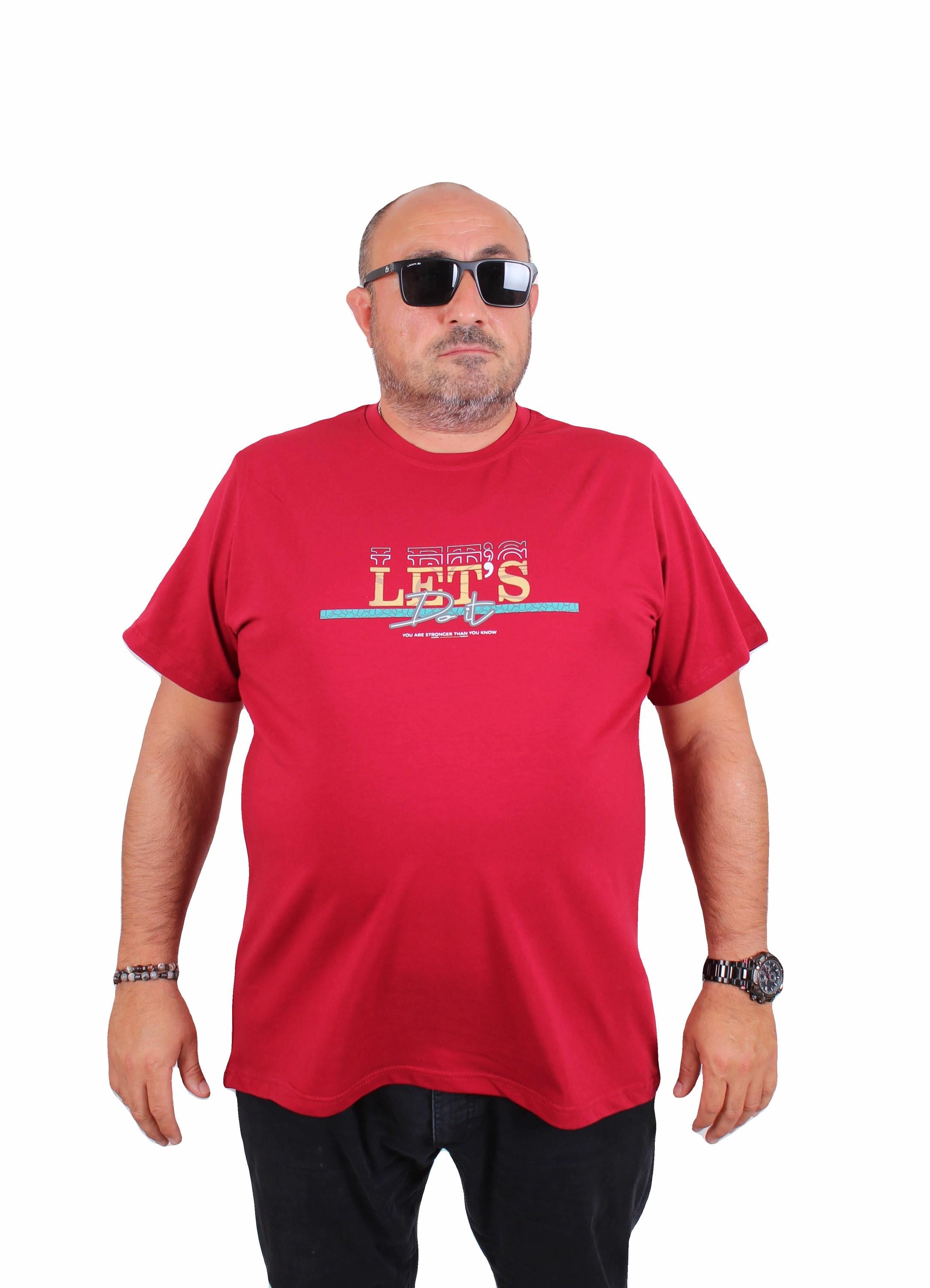Mocgrande Erkek Büyük Beden Sıfır Yaka Tişört Let's Do It 25186 BORDO