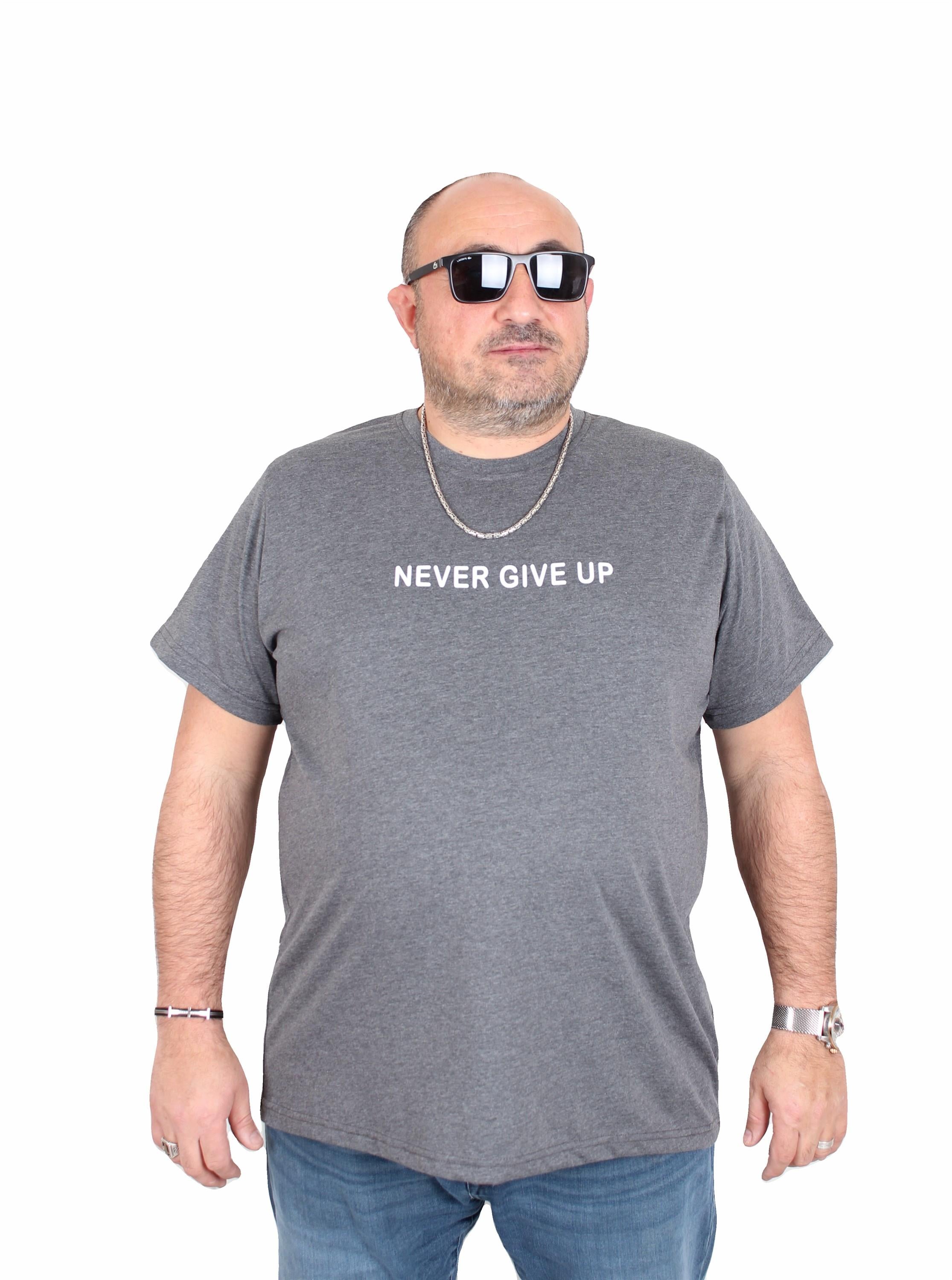 Mocgrande Erkek Büyük Beden Sıfır Yaka Tişört Never Give Up 25140 ANTRASİT MELANJ