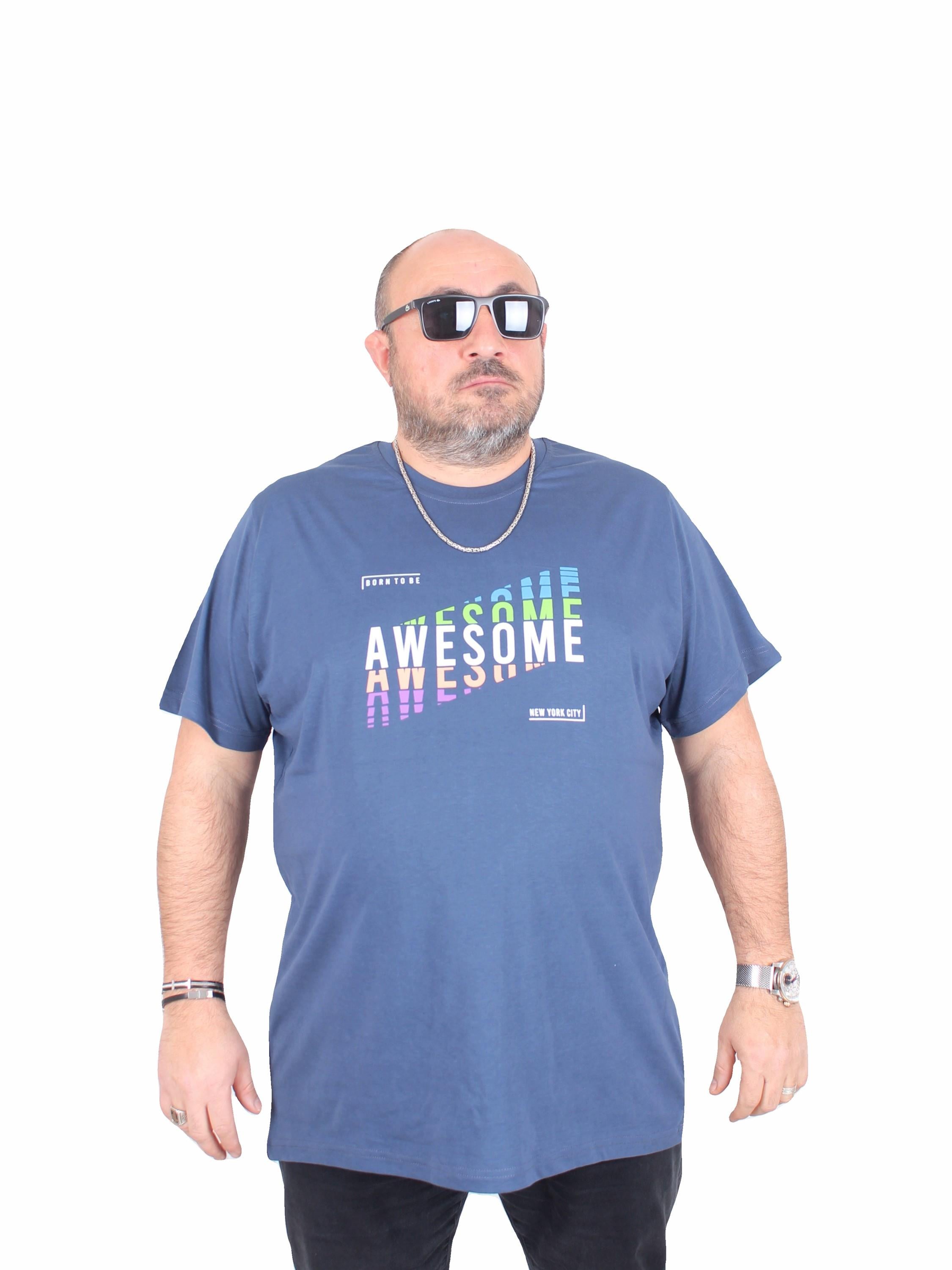 Mocgrande Erkek Büyük Beden Sıfır Yaka Tişört Awesome 25164 INDIGO