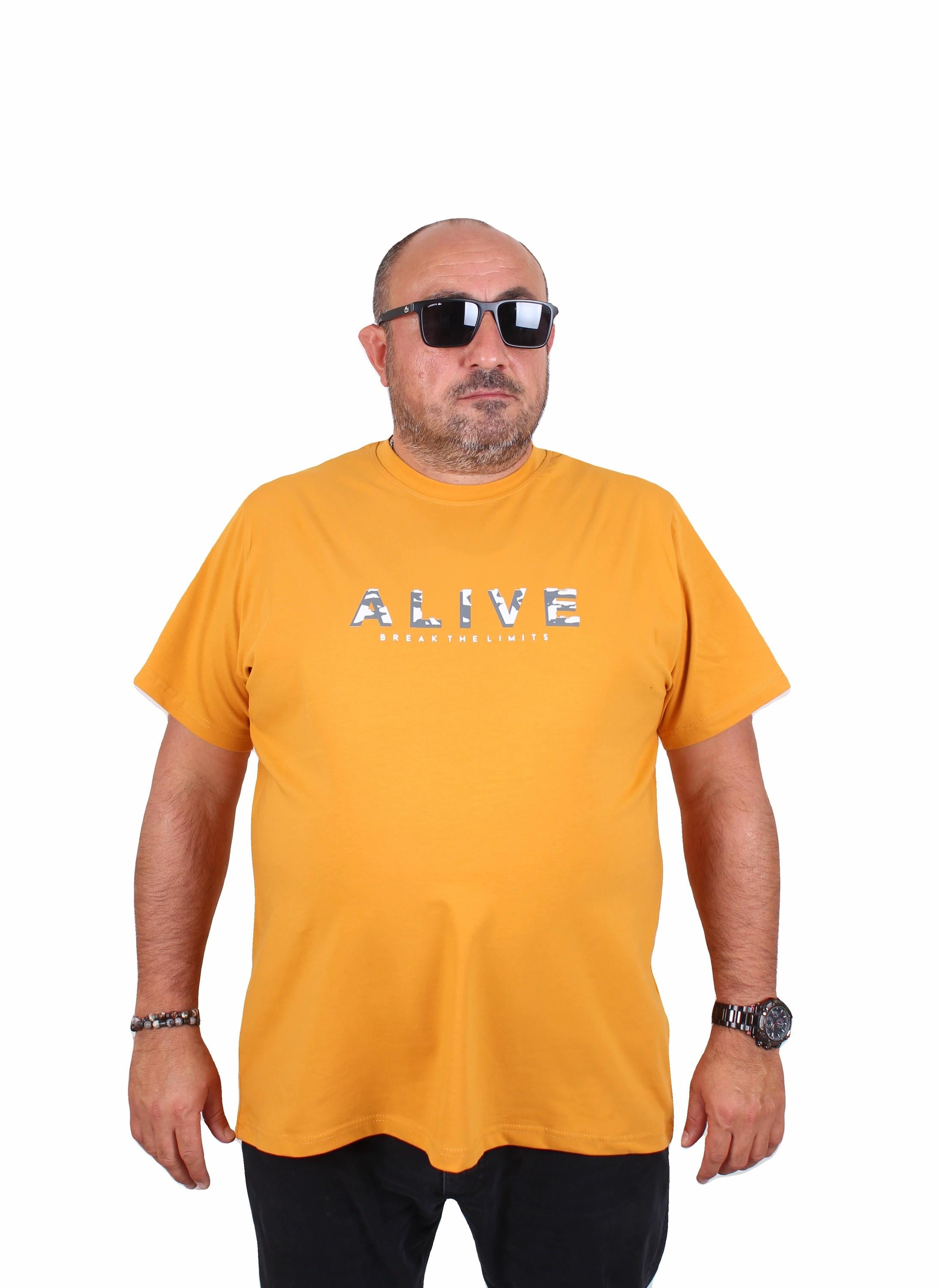 Mocgrande Erkek Büyük Beden Sıfır Yaka Tişört Alive 25187 HARDAL