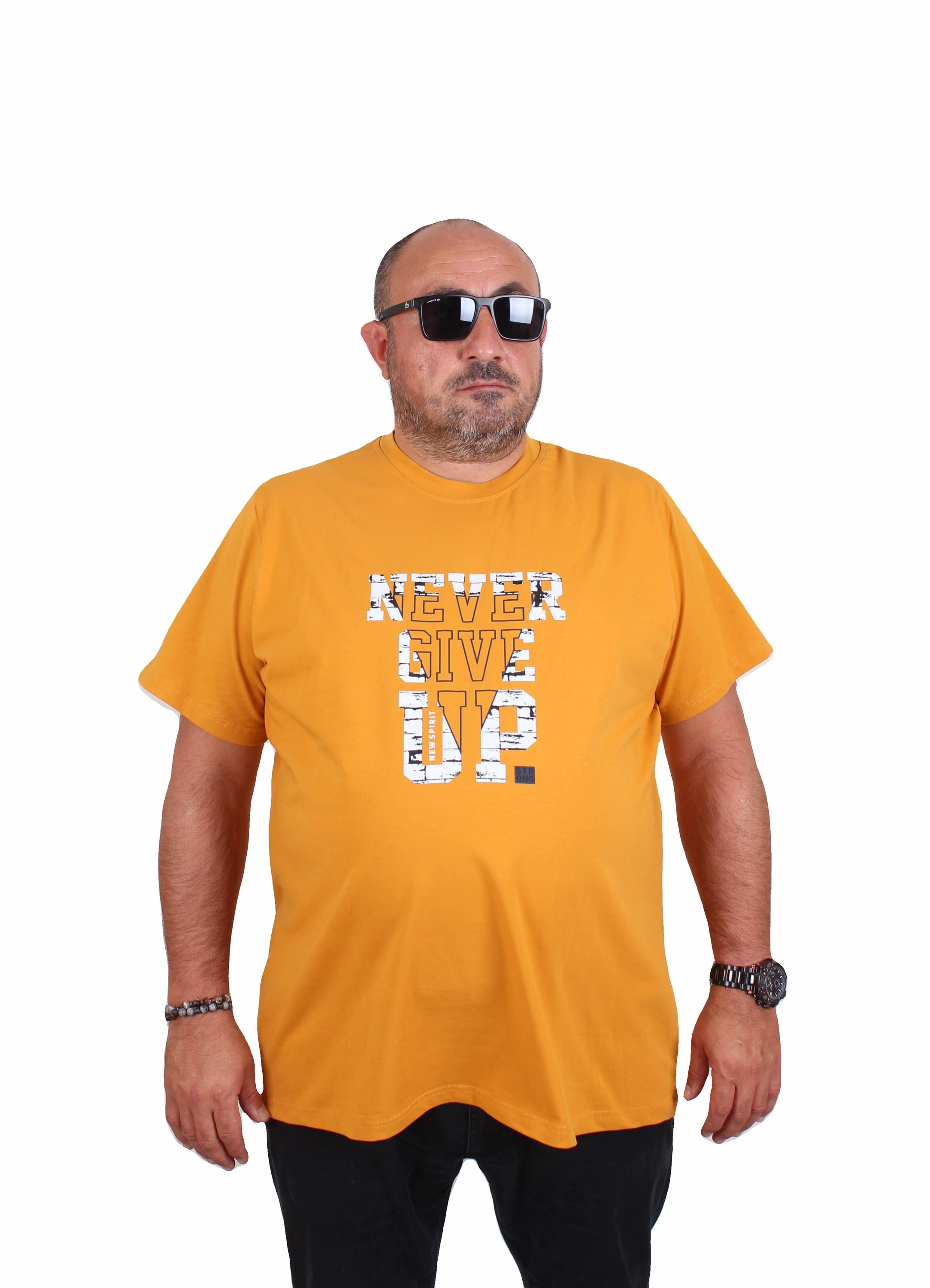 Mocgrande Erkek Büyük Beden Sıfır Yaka Tişört Never Give Up 25182 HARDAL