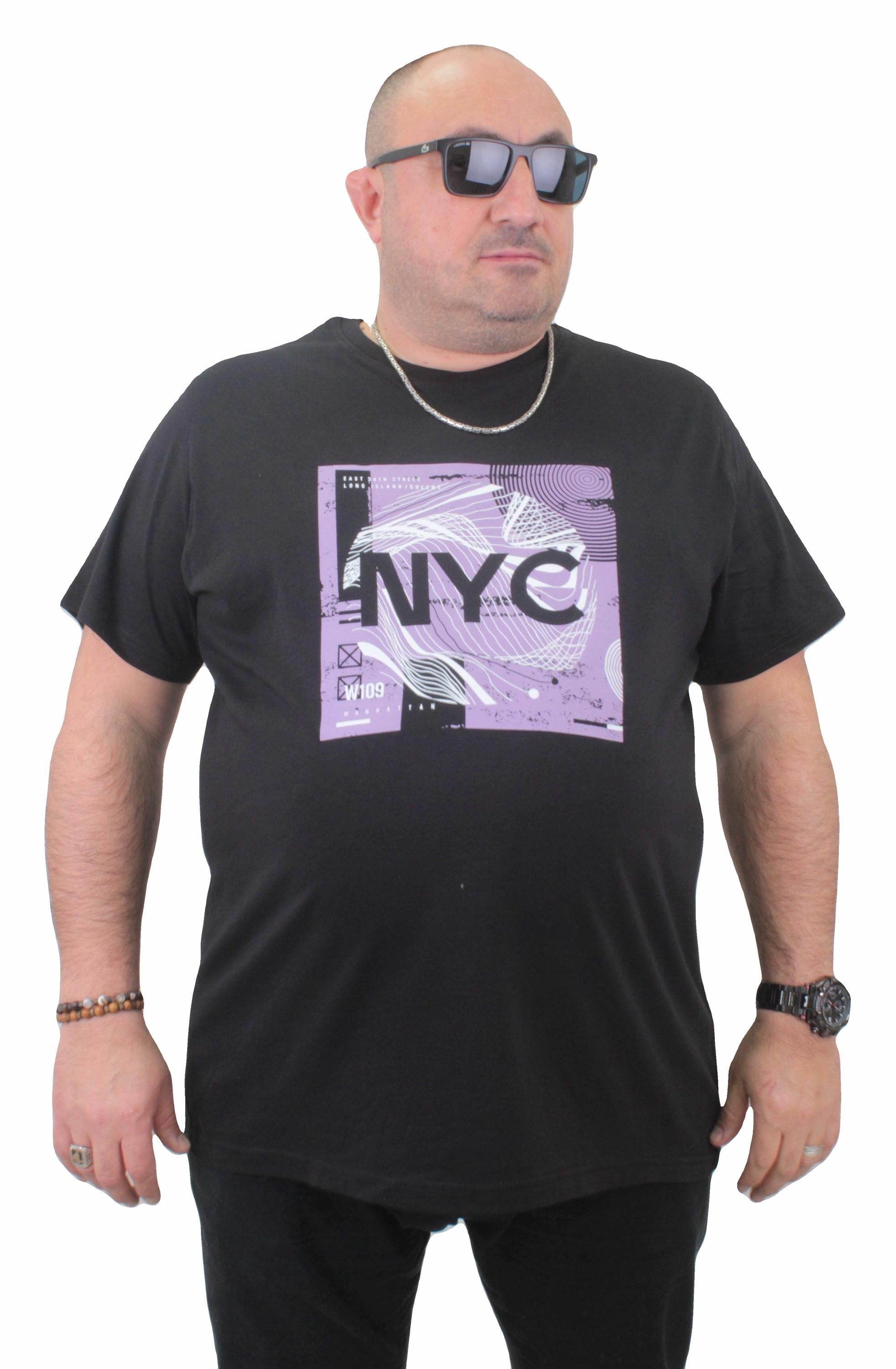 Mocgrande Erkek Büyük Beden Sıfır Yaka Tişört NYC 23182 SIYAH