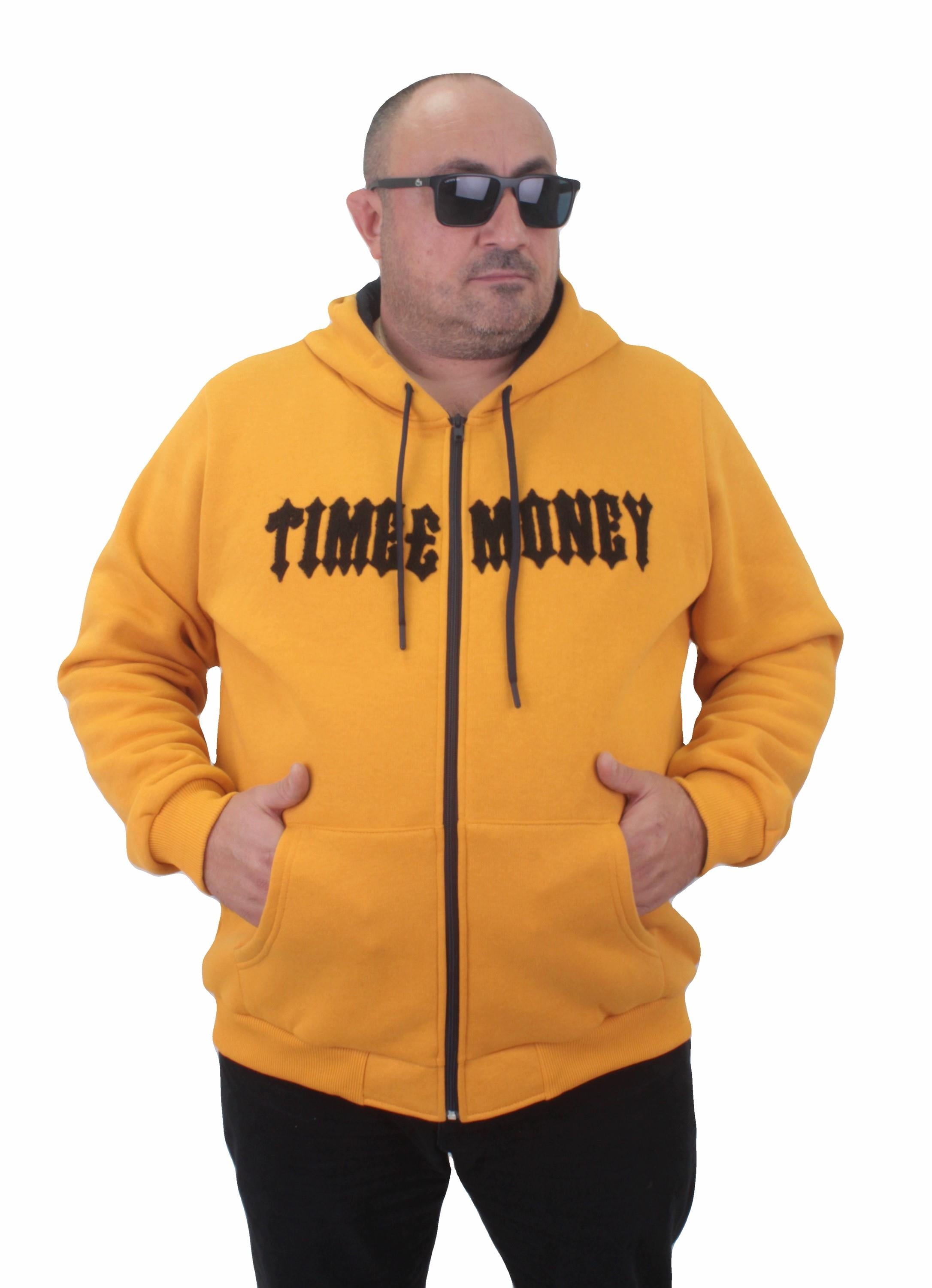 MocGrande Fermuarlı Kapuşonlu Büyük Beden Sweat Time Money 23218 HARDAL