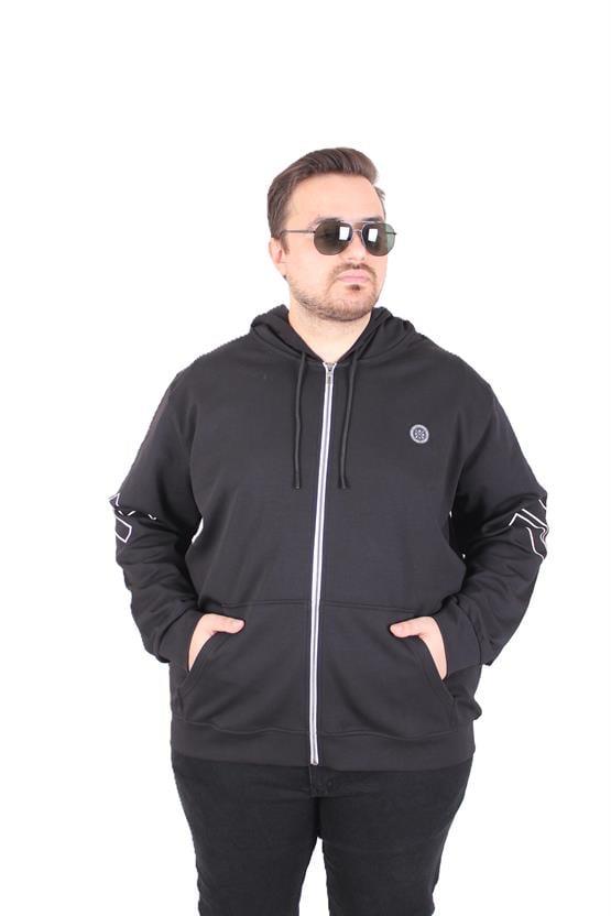 Starbattal Büyük Beden Kapüşonlu Fermuarlı Sweat Double Face Ossi 25705 SIYAH