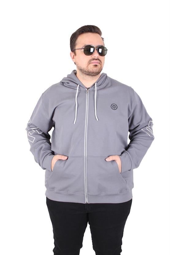 Starbattal Büyük Beden Kapüşonlu Fermuarlı Sweat Double Face Ossi 25705 FUME