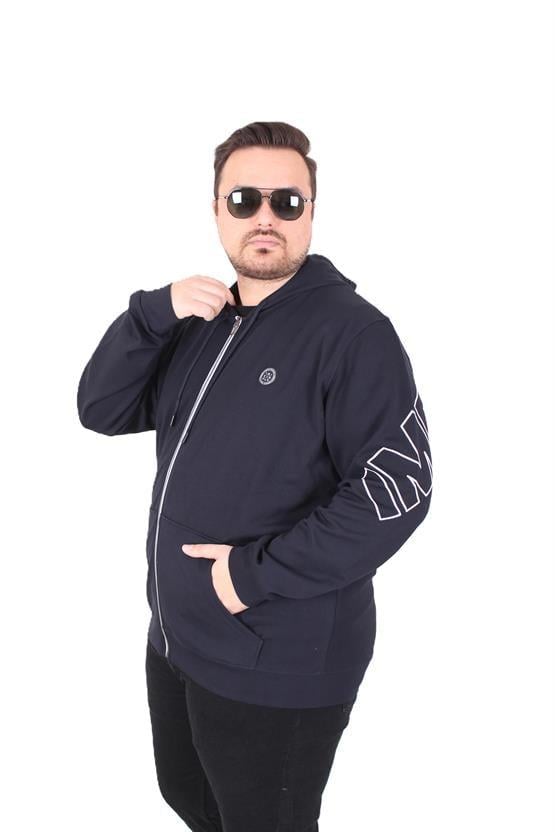 Starbattal Büyük Beden Kapüşonlu Fermuarlı Sweat Double Face Ossi 25705 LACIVERT