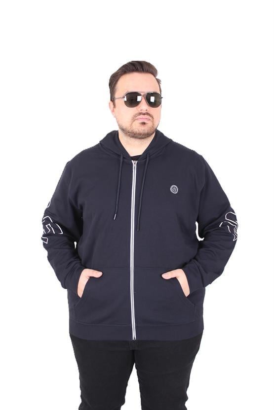 Starbattal Büyük Beden Kapüşonlu Fermuarlı Sweat Double Face Ossi 25705 LACIVERT