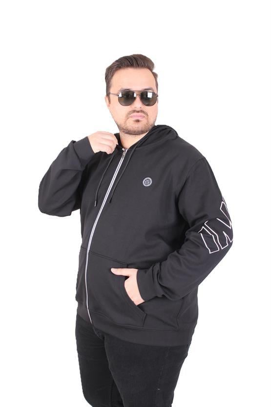 Starbattal Büyük Beden Kapüşonlu Fermuarlı Sweat Double Face Ossi 25705 SIYAH