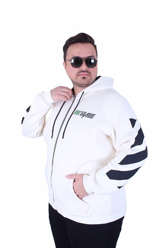 Starbattal Büyük Beden Kapüşonlu Fermuarlı 3ip Sweat MG 25718 BEJ