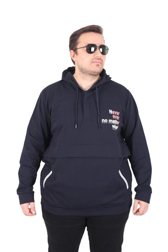Starbattal Büyük Beden Kapüşonlu Sweat Double Face Never 25706 LACIVERT