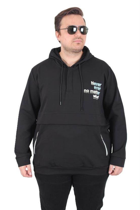 Starbattal Büyük Beden Kapüşonlu Sweat Double Face Never 25706 SIYAH