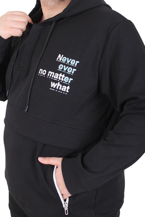 Starbattal Büyük Beden Kapüşonlu Sweat Double Face Never 25706 SIYAH