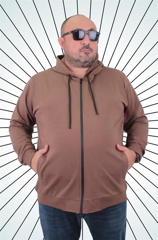 Starbattal Büyük Beden Basic Mevsimlik Fermuarlı Kapüşonlu Sweat 22751 TABA