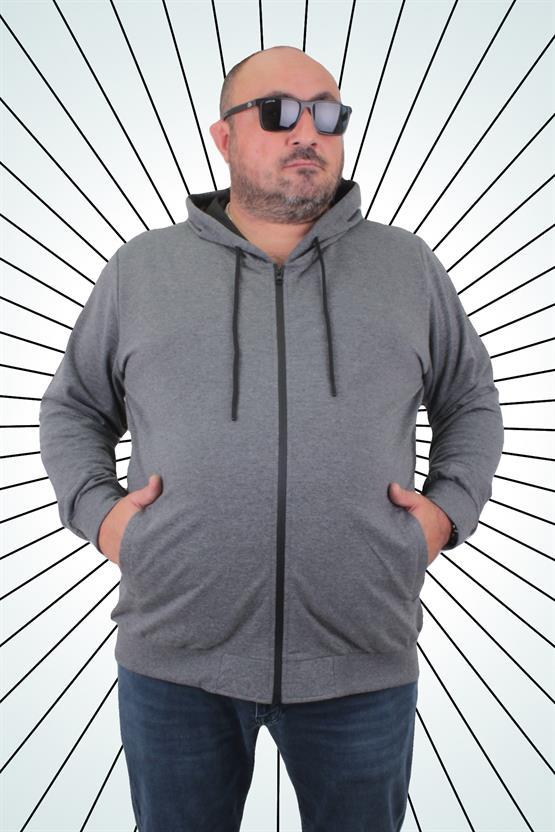 Starbattal Büyük Beden Basic Mevsimlik Fermuarlı Kapüşonlu Sweat 22751 GRI MELANJ