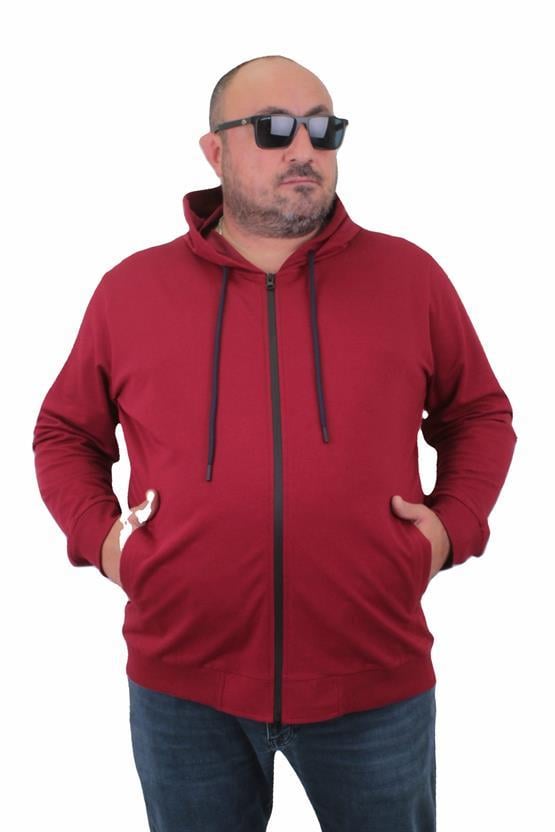Starbattal Büyük Beden Basic Mevsimlik Fermuarlı Kapüşonlu Sweat 22751 BORDO