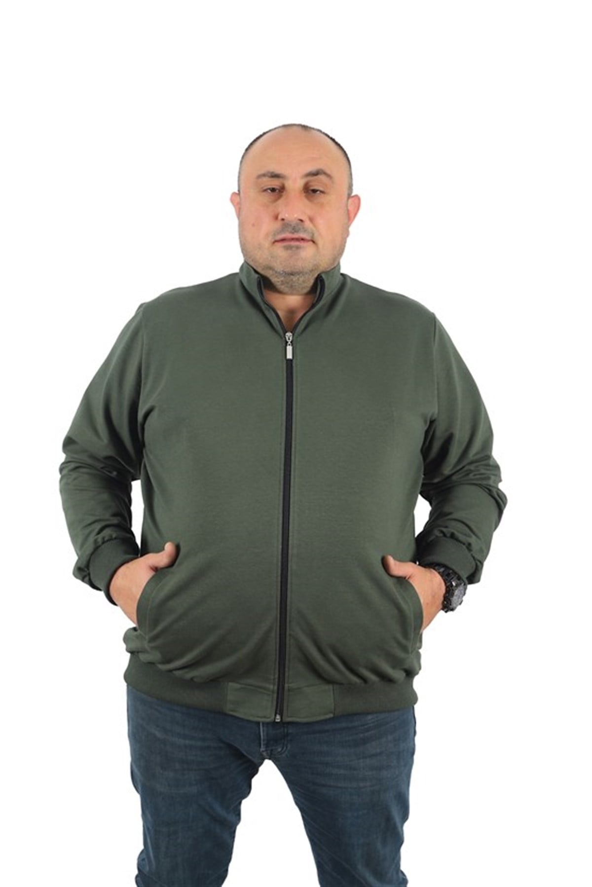 Starbattal Büyük Beden Basic Mevsimlik Fermuarlı Sweatshirt 22750 HAKI
