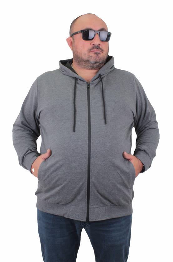 Starbattal Büyük Beden Basic Mevsimlik Fermuarlı Kapüşonlu Sweat 22751 GRI MELANJ